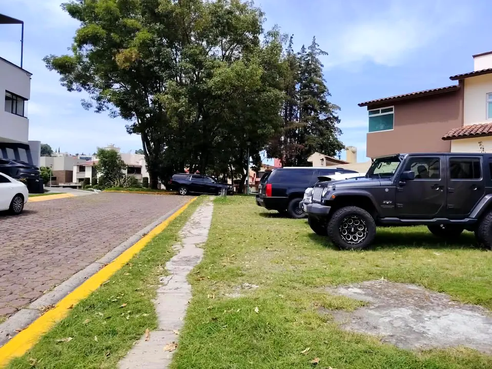 La calle privada de adoquín con árboles altos que pasa frente al terreno