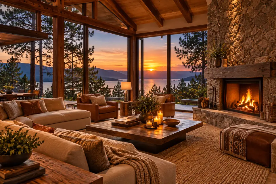 Sala con techo de vigas de madera y chimenea de piedra encendida, con vista al lago