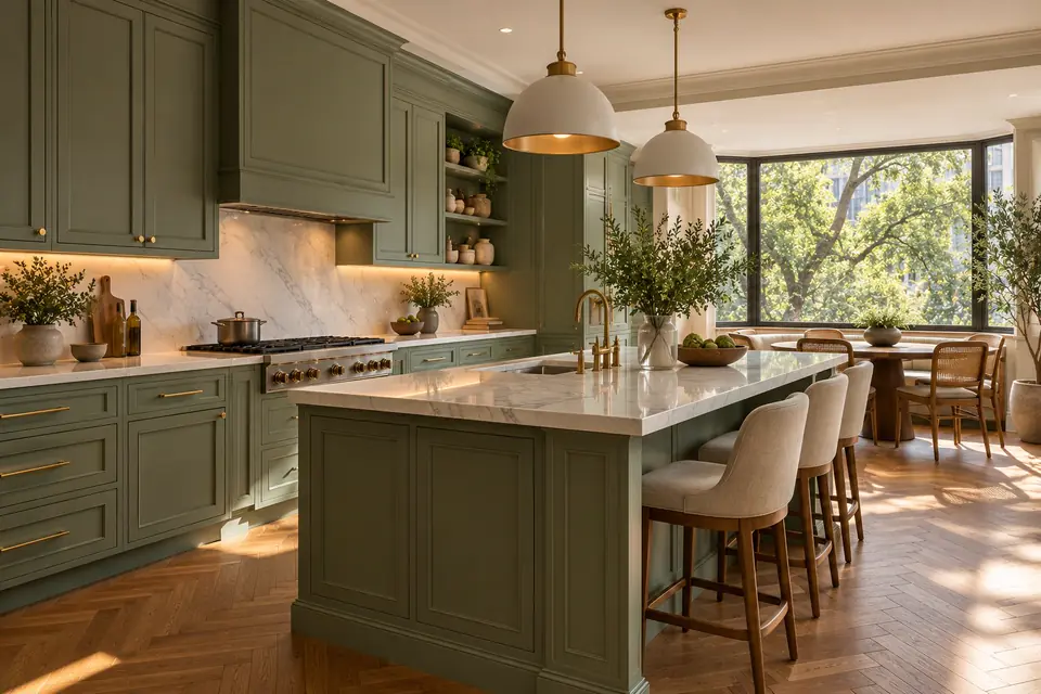 Cocina remodelada con gabinetes verde salvia, mármol blanco y piso en espiga